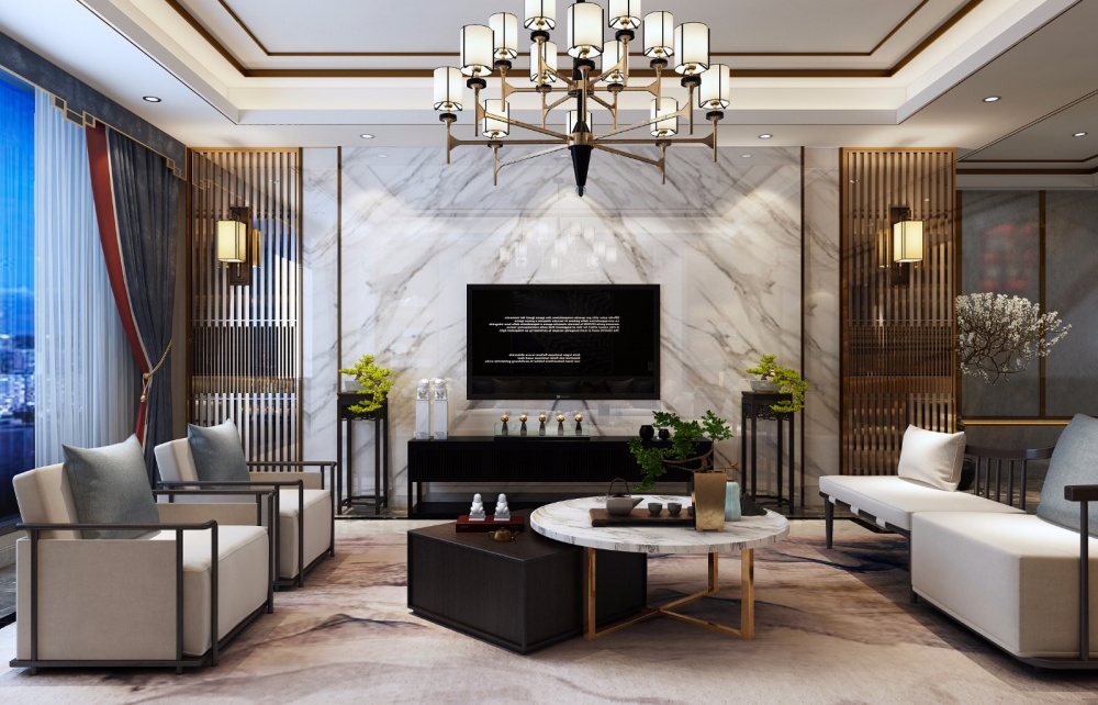 客廳窗簾裝修效果圖藍(lán)毓、新中式別墅中式現(xiàn)代客廳設(shè)計(jì)圖片賞析