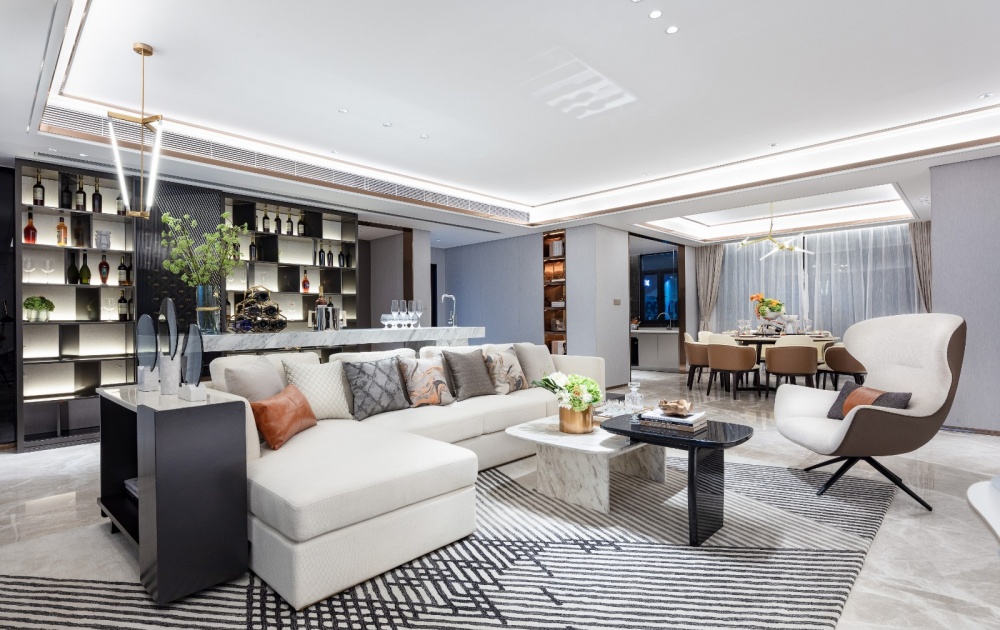 客廳窗簾裝修效果圖橙調：200㎡+的高級灰大宅現代簡約客廳設計圖片賞析