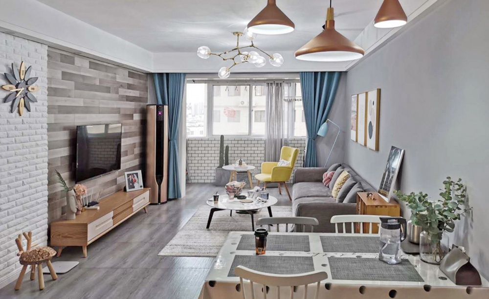 客廳窗簾裝修效果圖83㎡北歐風(fēng)，新婚小兩口的浪漫北歐極簡客廳設(shè)計(jì)圖片賞析